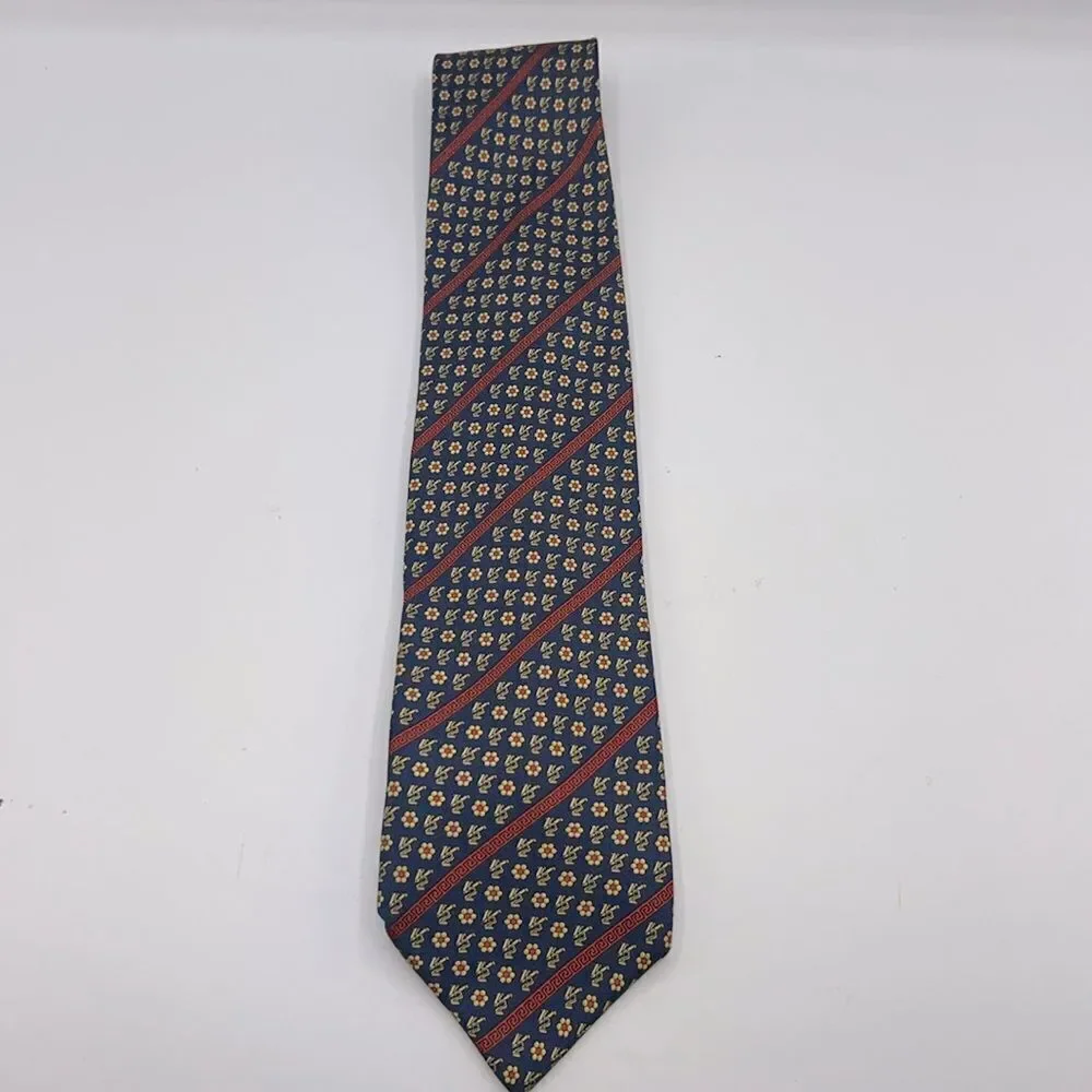 VERSACE CLASSIC V2 Navy Blue and Yellow Floral Pattern Silk Necktie